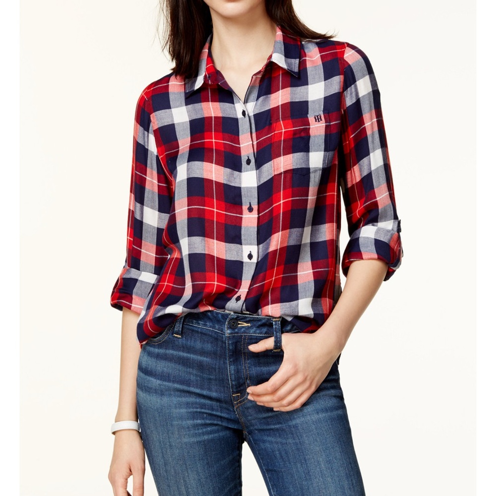 Tommy Hilfiger Plaid Utility Shirt Red Navy White XL NWOT Roll Tab Sleeves